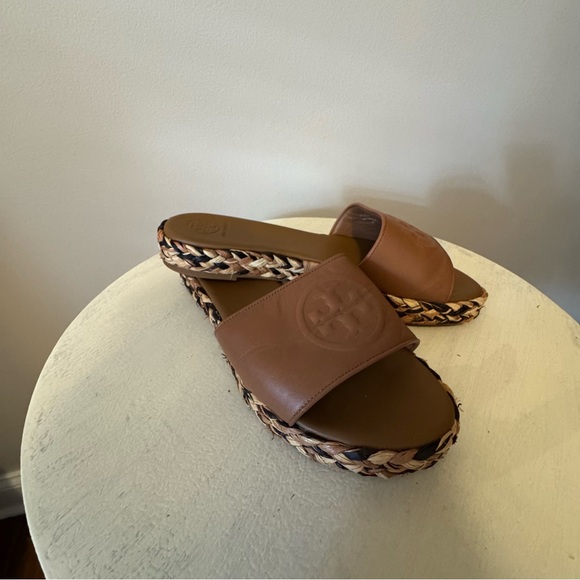 Tory Burch Brown Leather Espadrille Slides - Picture 2 of 5